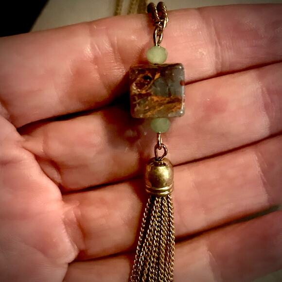 Gold Tone Stone Tassel Pendant Necklace - Picture 3 of 3